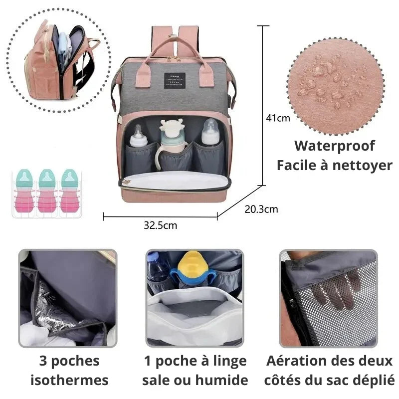 Vyno Nomade™ – Sac à Langer Bébé 3-en-1 avec Lit Pliable, USB & Isotherme